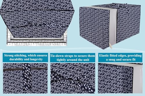 Image of The Furnishing Tree Elastic fit waterproof Polyester window ac cover suitable for Croma 1.5 Ton, Dustproof cover for inner and outer section, In CM: (67.31x66.04x45.72), Leaf Pattern Blue