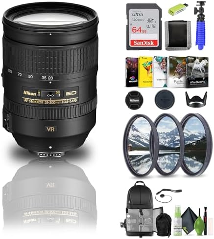 Nikon AF-S NIKKOR 28-300mm f/3.5-5.6G ED VR Lens (2191) + 64GB Memory Card + Filter Kit + Backpack + Card Reader + Corel Photo Software + Flex Tripod + Memory Wallet + Cap Keeper + Cleaning Kit