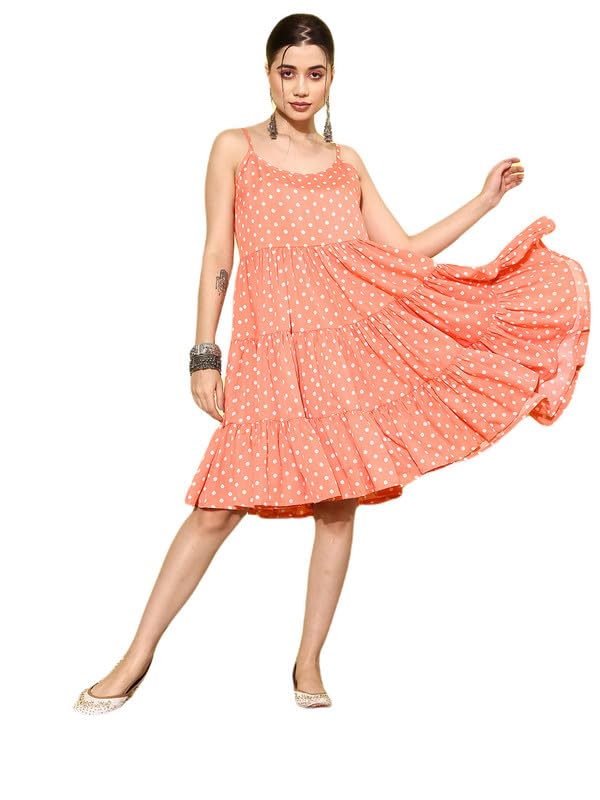 Varanga Peach Polka Dots Printed Tiered Dress