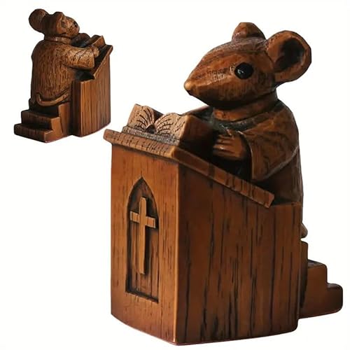 kekafu Church Mouse Statue Mouse Figurine On The Pulpit Wooden Collectible Animal Sculpture Desktop Decor Ornament for Home Office