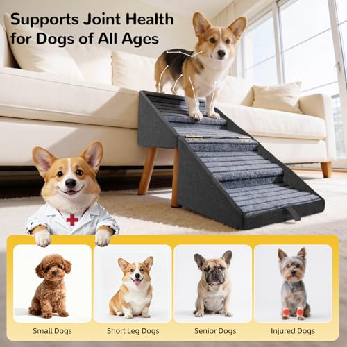 Image of Dog ramp for Small Dogs, 2-in-1 Pet Steps & Ottoman - Foldable Dog ramp for Couch, Non-Slip Wooden Pet ramp for Puppy Senior Injured Dogs (Matte Black, XL(17.13H))