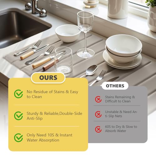 Large Stone Dish Drying Mats for Kitchen Counter, 26"×16"Foldable Quick Dry Stone Mat with PU Leather, Absorbent Diatomaceous Earth Dish Drying Mat for Bottles Cups Bathroom Any Countertop