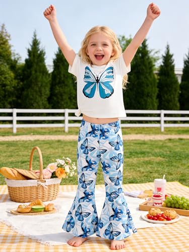 Image of OLMRJKD Kid Toddler Girl Clothes Outfits Short Sleeve Butterfly Top Flared Leg Pants Summer Clothing Set