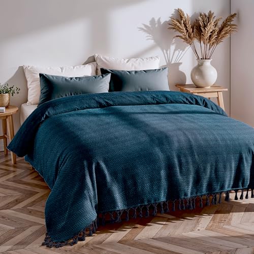 Loomvia Bettüberwurf & Tagesdecke 200x220 cm aus 100% Baumwolle | Indigo Blau | Boho Baumwolldecke als Sofadecke, Sofaüberwurf | weich &...