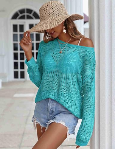 Image of Zeagoo Women's Crochet Tops Spring Summer Trendy Off The Shoulder Long Sleeve Beachwear Vacation Outfits Light Blue XL