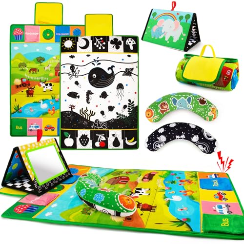 Image of Inbeby Tummy Time Mirror & Play Mat & Pillow 3-in-1, High Contrast Black and White Baby Toys, Activity Mat for Early Education, Newborn Infant Tummy Time Toy Set for 0 3 6 12 Month Crinkle/Squeake