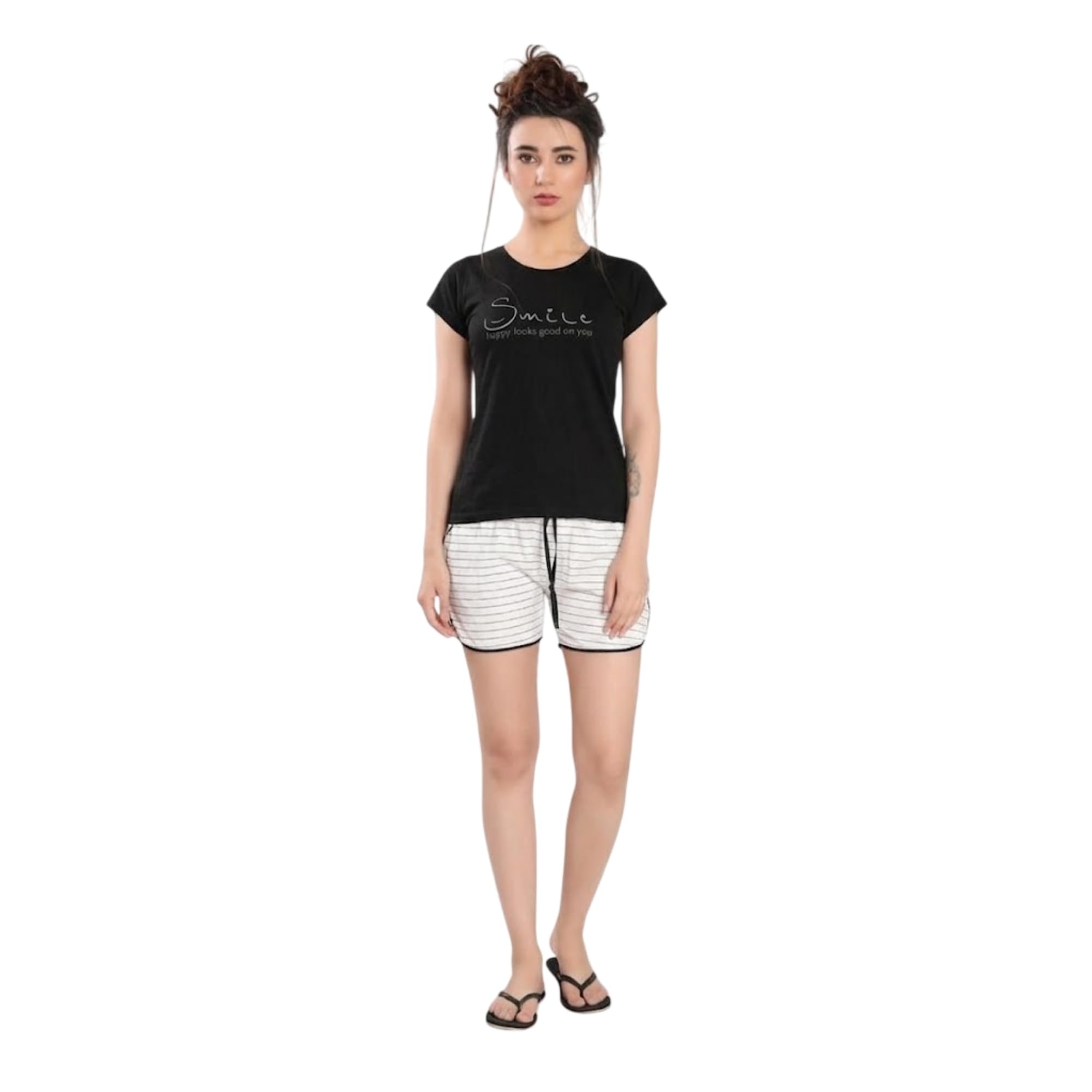 kf khush Women’s Black Graphic T-Shirt & Striped Shorts Nightwear Co-ord Set | Soft Cotton Lounge Wear | Short Sleeve Top & Elastic Waist Shorts | Comfortable Sleepwear | Trendy Homewear Set for Women L-picture-31