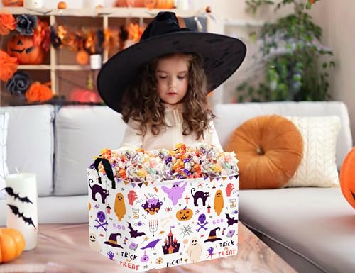 Image of Large Halloween Themed Candy Gift Boo Basket for Kids Baby Personalized Adults Storage Bin Fall Decor(Purple Skull Castle Cat Spooky)