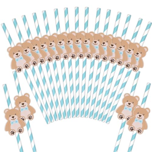 Whaline 60Pcs Bear Paper Straws Baby Shower Drinking Straws Blue Bear Stripe Disposable Straws for Birthday Baby Shower Party Supplies, 7.8 x 0.2inch, Blue, Brown