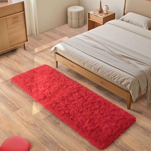Soft Fluffy Rugs for Bedroom, 2x6 Feet, Red Runner Faux Fur Area Rug - Plush Non-Slip Shag Shaggy Carpet for Bedroom, Kids Boys Girls Dorm Nursery Room