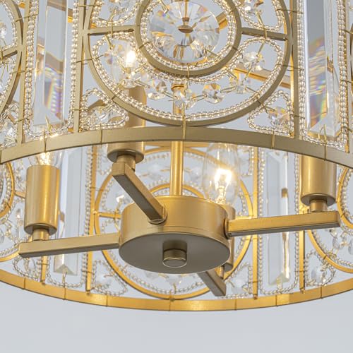 Image of Vintage Crystal Round Chandelier 14.17 inch Gold Dining Room Chandelier Over Table 4-Lights Classic Drum Pendant Light Fixture for Living Room Kitchen Island Entryway.