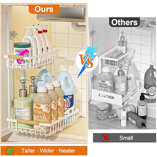 Image of REALINN Under Sink Organizer, White 2 Pack Height Adjustable | 2 Tier Pull Out Drawer, Under Sink Organizers and Storage, Cabinet Storage for Kitchen Bathroom