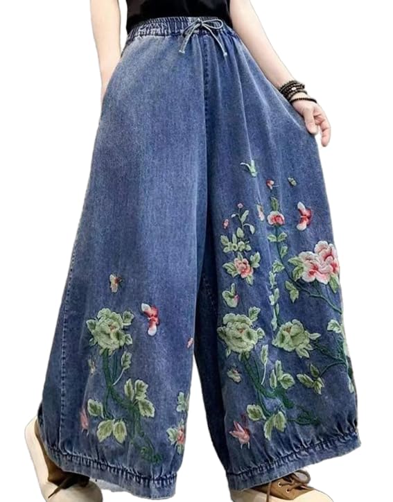 Womens Casual Loose Cropped Jeans Wide Leg Denim Pants Vintage Pants Trousers Elastic Waist with Pockets
