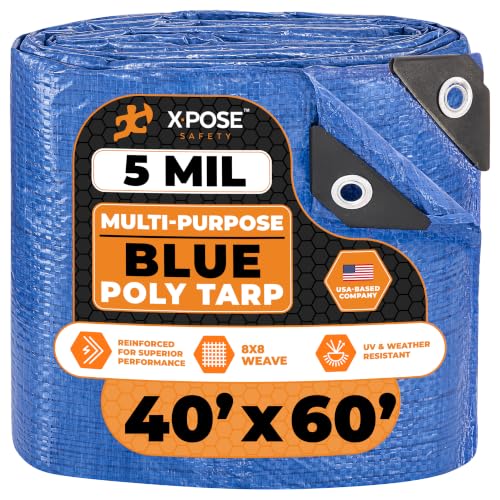 Image of Better Blue Poly Tarp 40' x 60' - Multipurpose Protective Cover - Lightweight, Durable, Waterproof, Weather Proof - 5 Mil Thick Polyethylene - by Xpose Safety