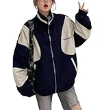Pbkabiug Vintage Bomber Jackets Women Korean Streetwear Color Block Patchwork Oversized Varsity Jacket Lightweight Jackets (Blue,S,Small)