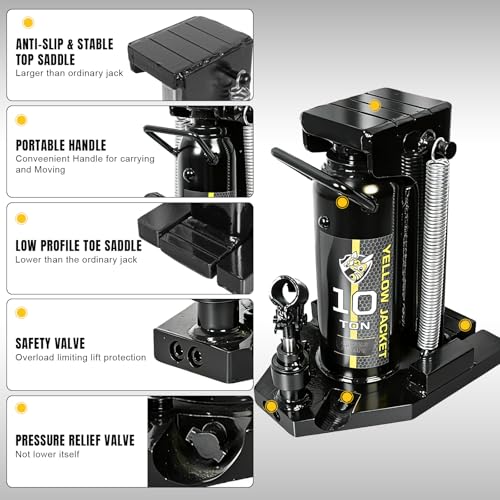 Image of YELLOW JACKET Toe Jack, 10 Ton Saddle /5 Ton Claw 2-in-1 Low Profile Lift Jack, Heavy Duty Hydraulic Claw Jack for Automotive, Machinery, Construction, Farm, Garage