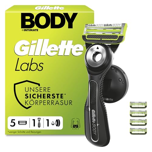 GilletteLabs Body & Intimate Rasierer Herren, Intimrasierer Mann mit Schutz Vor Eingewachsenen Haaren und Reizungen — Inkl. 1 Rasierhandstück für Körper und Intimbereich, Duschhalterung und 5 Klingen