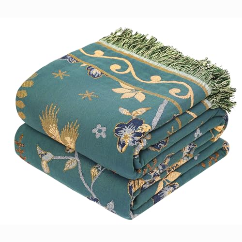 Boho 100% Cotton Large Throw Blanket - All Season Rustic Ultra Soft Breathable Floral Bird Blanket for Bed Sofa Couch Chair Bedspread Quilt Gift, 80" x 90"-Teal/Beige