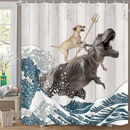 Image of Boziqr Funny Dog Shower Curtain, Japanese Ocean Wave Dinosaur Rustic Barn Door Decor Fabric Bathroom Curtains Set, Cute Animal Kids Polyester Fabric Waterproof, 70 X 78 Inches