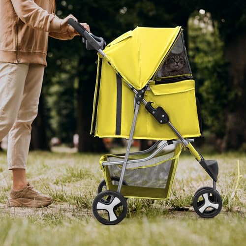 Image of Magshion 3-Wheel Pet Stroller, Foldable Travel Jogger for Small & Medium Dogs & Cats (Up to 33lbs), Lightweight Carrier with Breathable Mesh Cover, Cup Holder & Storage Basket, Yellow