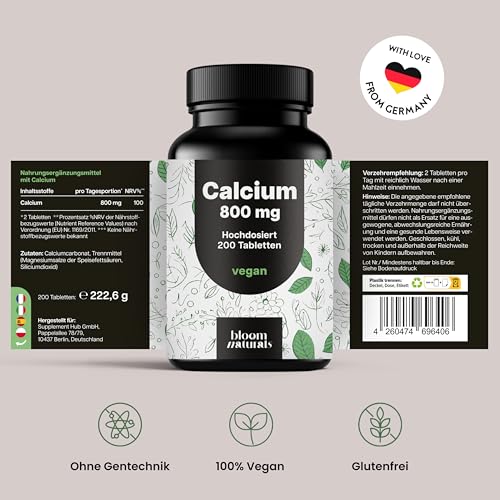 Calcium Tabletten Hochdosiert - 200 Tabletten - 800mg Kalzium pro Tag - Calziumtabletten Hochdosiert - vegan und produziert in Deutschland - Laborgeprüft - Verpackung kann variieren