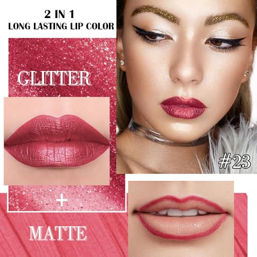 Image of evpct Burgundy Plum Red Metallic Glitter Lip Liner and Lipstick Combo Lip Gloss Stain Set Makeup for Women Long Lasting Waterproof 24, Non Stick Cup Metal Shine Shimmer Iridescent Liquid Lipstick 23
