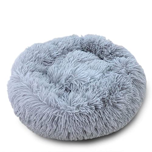 Ouinne Cama Perro Gato Mediano Pequeño, Cama para Perros Gatos Redonda Antiestres Suave Lavables, Cálido Felpa Cama Cojin Interior Invierno para Perro y Gato Medianos Pequeños (M-50cm/19.7in, Gris) Cover
