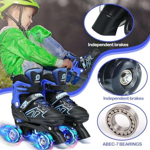 Kids Roller Skates for Ages 5-8/8-12/6-12, 4 Size Adjustable Rainbow Girls Skates with Light up Wheels, Toddler Roller Skate for Girls Boys, Beginner Kids Roller Skates Indoor Outdoor, Blue, Small — view 4