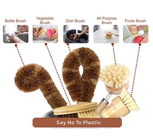 Ecozoi Bamboo Dish Brush Set, 6 Piece For Vegetable, And Kitchen Dish Cleaning, Sisal & Coconut Fibers With Bamboo Handles, Kitchen Brushes For Dishes, Pots, Pans #TOP2