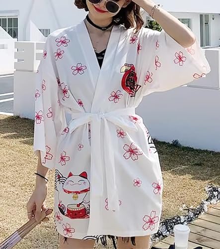 Image of LAI MENG FIVE CATS Women's Lucky Cat Cardigan Kimono Loose Cover up Casual Blouse Cute Tops