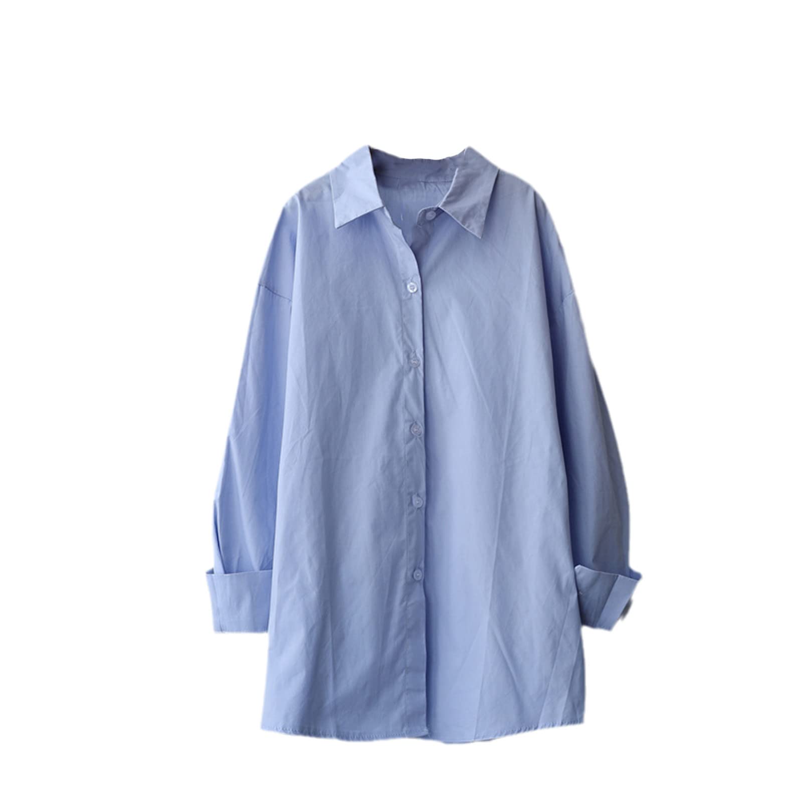 Blusa de manga larga Mujer Botón Up Camisa de señoras Tops de moda coreana Blanco Azul Rosa Algodón Otoño Suelto Oversize, azul, M