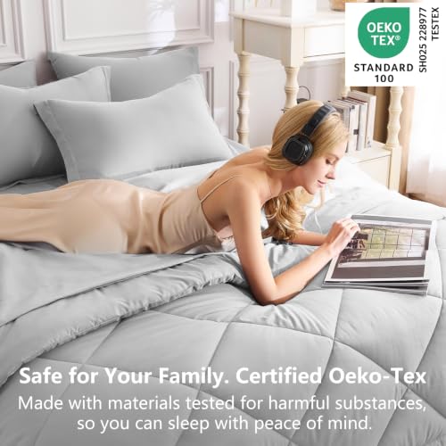 Image of CozyLux Queen Comforter Set Light Grey - Bed in a Bag Queen Size 7 Pieces, Luxury Soft Bed Set for All Seasons, Bedding Set with Down Alternative Comforter, Sheets, Pillowcases & Shams