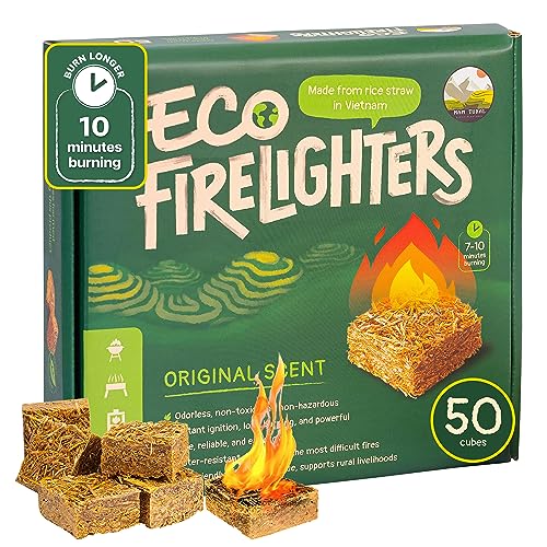 NAM TURAL, Eco Fire Starter for Campfires, Charcoal and Grill, Made from Rice Straw - Water Resistant, Long Burning, More Powerful in All Weather, Ideal for Fireplace, Wood stoves, Fire Pit - 50 Cubes