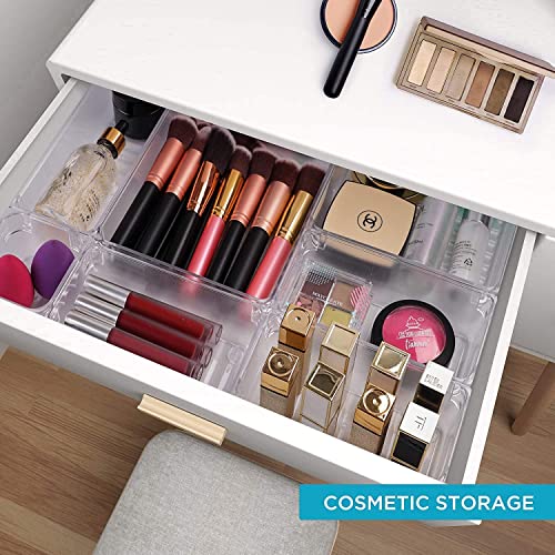 Image of Clear Plastic Drawer Organizers Set, Versatile Bathroom and Vanity Drawer Organizer Trays, Storage Bins for Makeup, Bedroom, Kitchen Gadgets Utensils and Office (4 PC SQUARE TRAY)