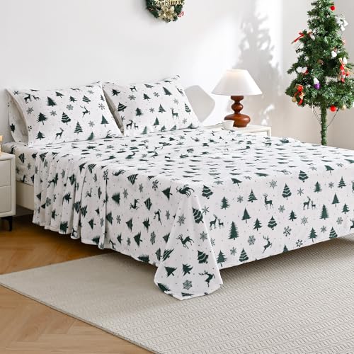 Image of Viviland Microfleece Twin Bed Sheet Set, Green Deer | Soft Flannel-like Fleece, 100% Polyester, Fluffy Velvety Feel, 200GSM, 15 inch Deep Pocket, Warm Winter Gift & Decor