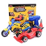 Racing Motorcycle & car Toy for Kids with 46 Take Apart Pieces, Power Drill, Lights and Sounds,...