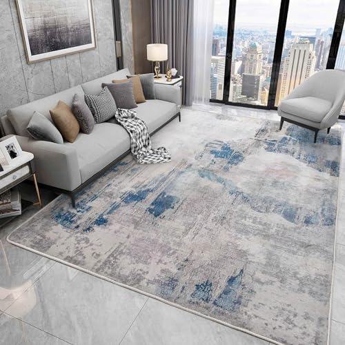 Fenisonavy Rugs Living Room Grey Area Rugs for Bedroom Modern Abstract Rug Large Short Pile Rugs Carpet Non-Slip Soft Living Room Rugs Room Decor (200 x 250 cm, Lake Blue/Grey/Beige)
