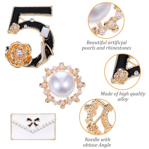 Image of Number Five Brooch, Celebrity Designer Inspired Flower Brooch Pin Gift Set, Lucky Number Five Brooches with Imitation Pearl Vintage Imitating Pearl Rhinestone Crystal Brooch Pin for Women for Wedding