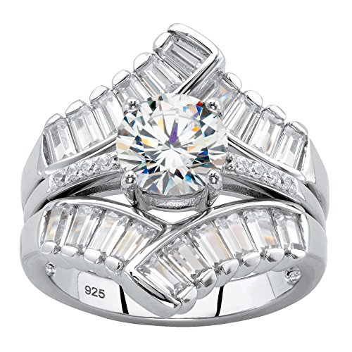 Platinum over Sterling Silver Round and Baguette Cubic Zirconia Jacket Bridal Ring Set Size 10
