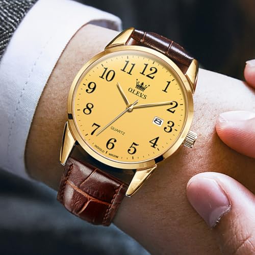 Image of OLEVS Men Leather Watches Classic Quartz Large Dial Easy Read Waterproof
