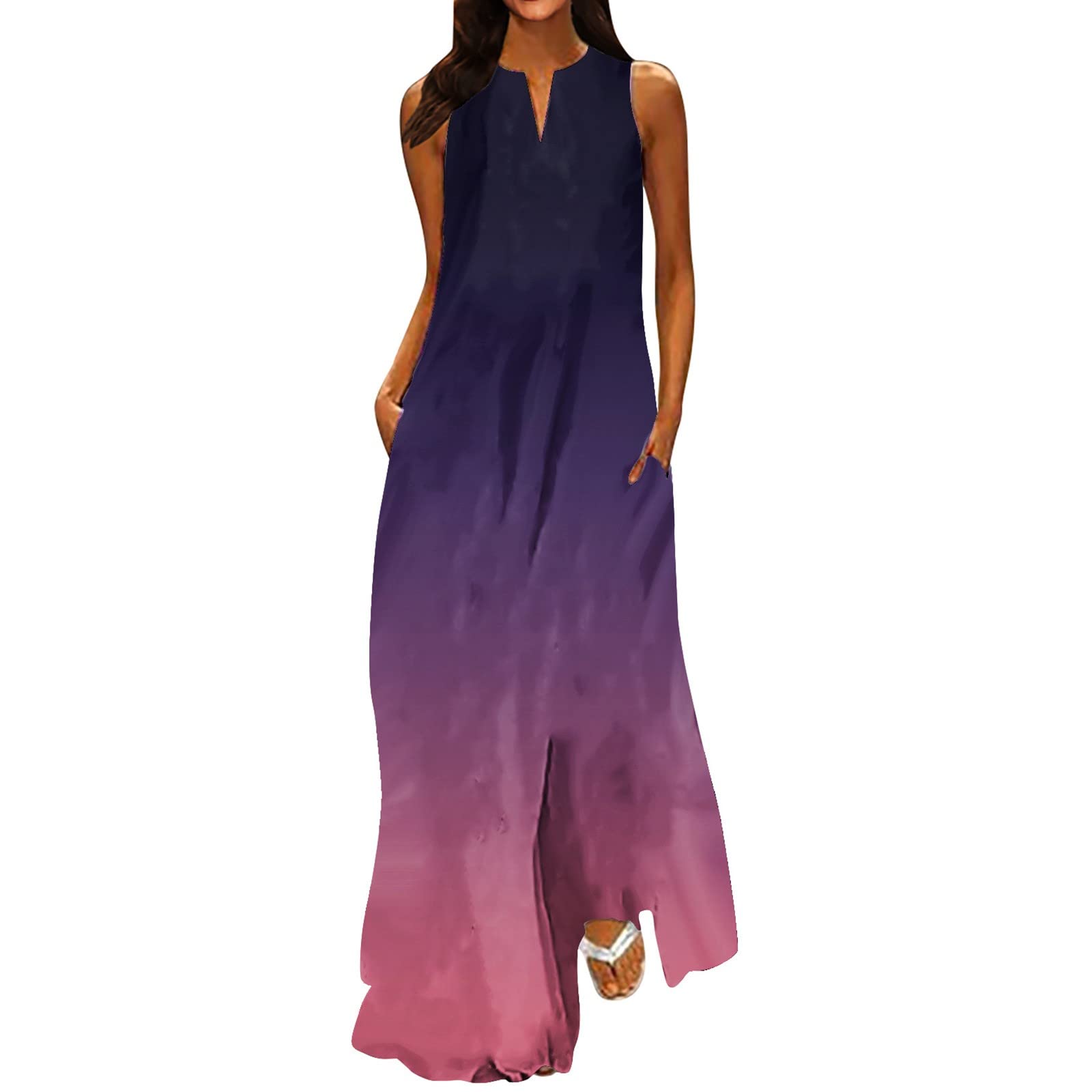 Women's Hide Belly Gradient Long Tank Dresses Flowy V Neck Maxi Dress Plus Size A-Line Sleeveless Beach Dress