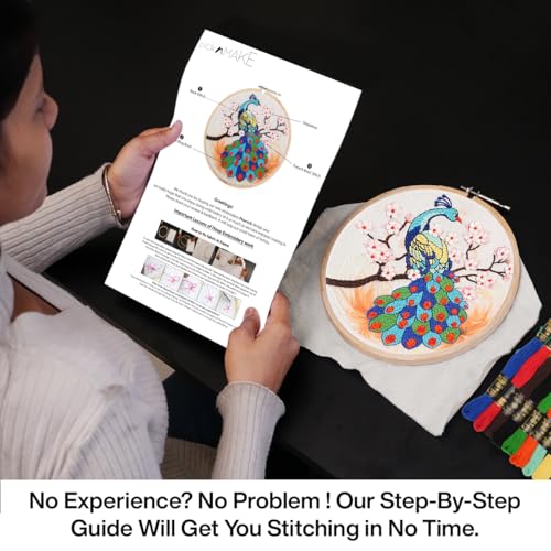 Image of picknMAKE Colorful Majestic Peacock Hand Embroidery Kit for Beginners, Adults & Kids - Digital Printed Fabric, Threads, Needles, Floral Sequins & Instructions - DIY Embroidery Set
