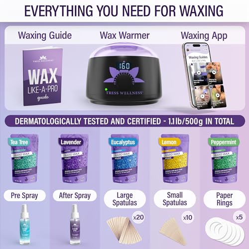 Image of Tress Wellness Award Winning Waxing Kit for Sensitive Skin, Safe for Face & Skin, Easy to Use, At-Home Kit for Face, Bikini, Brazilian & Full Body - Digital Display, Black Purple Flower