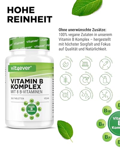 vit4ever Vitamin B Komplex - 365 Tabletten - 12 Monatsvorrat - Alle 8 B-Vitamine in 1 Tablette - Vitamin B1, B2, B3, B5, B6, B12, Biotin & Folsäure - Vegan