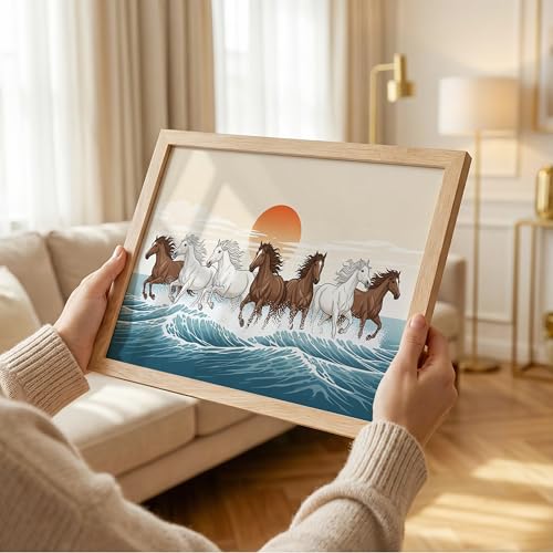 Image of Suneree 7 Horse Vastu Wall Painting - Modern Running Horses Ocean Sunset Framed Wall Art for Living Room Decor (Natural, Design 07, 10x13 Inch)
