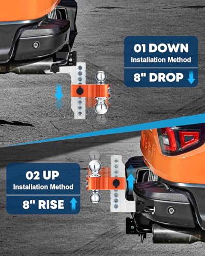 Image of Kohree Adjustable Trailer Hitch Fit 2 Inch Receiver, Dual Solid Ball 2 inch and 2-5 /16 inch(12,500 LBS GTW), 8 inch Drop & Rise Heavy Duty Aluminum Tow Hitch with 4 Silencer Pads & 2 Locking Hitch Pin, Orange