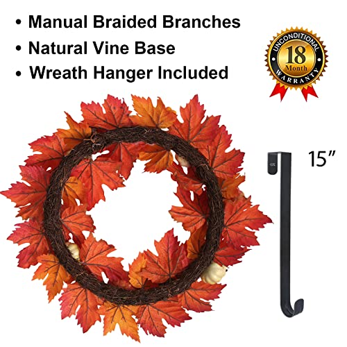 Fall Wreaths For Front Door 20 Inch With Wreath Hanger - Halloween Wreath Artificial Pumpkin Maple Leaf, Harvest Autumn Fall Door Wreath Decorations For Window Front Porch Thanksgiving Fall Decor #TOP3