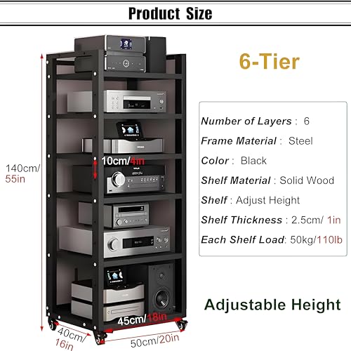 Soporte multimedia rodante para AV con ruedas bloqueables, estantes de almacenamiento y gabinete de componentes para oficina en casa y teatro, estante de audio/video negro para equipos estéreo