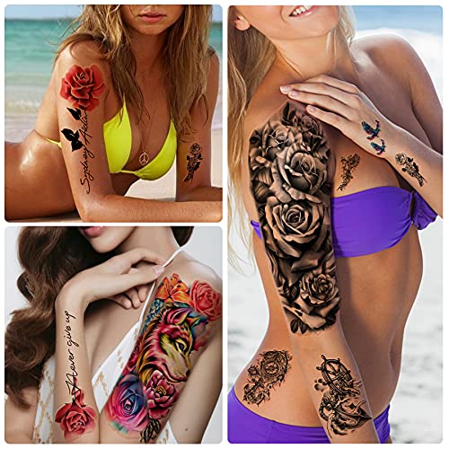 Metuu 49 Sheets Waterproof Temporary Tattoo For Men And Women, 3D Black Half Arm Floral Animal Peony Rose Butterfly Tiger Snake Realistic Fake Tattoo Stickers For Teens Girls Body Hand Shoulder Chin #TOP2