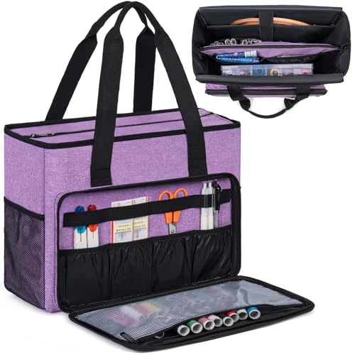 GMAK Embroidery Storage Bag, Embroidery Project Carrying Bags for Embroidery Kit/Cross Stitch Supplies/Stitch Tools Kit, Embroidery Supplies Storage Tote Case with Multiple Pockets, Bag Only, Purple